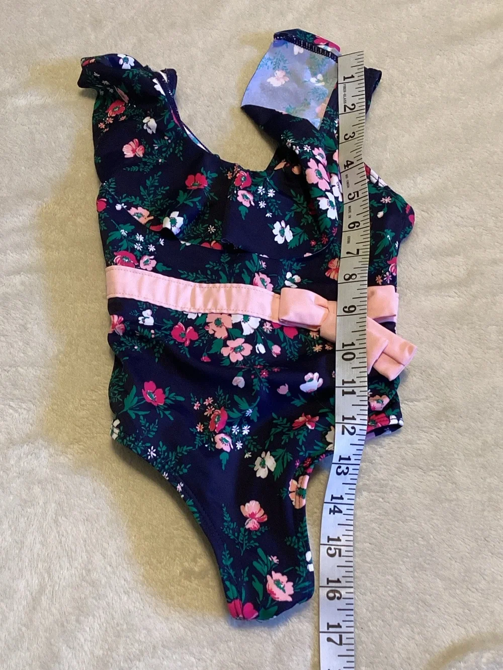 Janie and Jack Navy Floral One-Piece with Pink Bow Belt